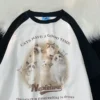 2023 Vintage Brown Raglan Sleeve Oversized T Shirts Cute Cats Printed Cotton Material Summer Tops Y2K Harajuku Korean Streetwear - Image 3