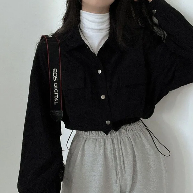 Y2K Vintage Corduroy Shirt Women Casual Korean Loose Chic Streetwear Harajuku Fashion Outwear Button Drawstring Coat - Image 6
