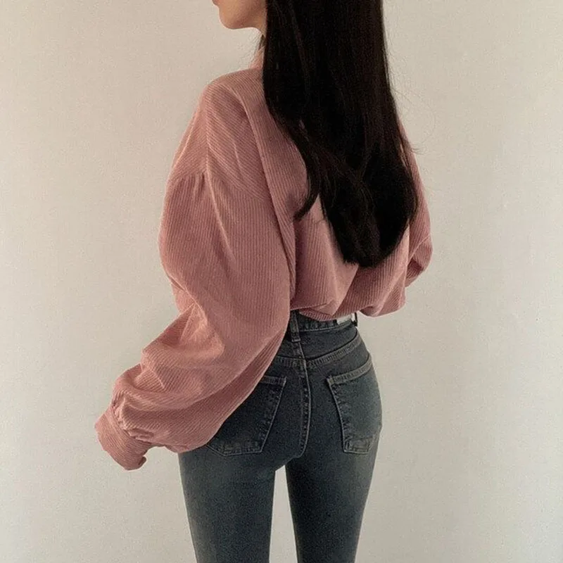 Y2K Vintage Corduroy Shirt Women Casual Korean Loose Chic Streetwear Harajuku Fashion Outwear Button Drawstring Coat - Image 5