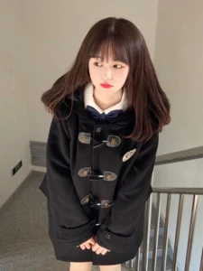 KOSAHIKI JK Girl Students Korean Fashion Jackets Women Horn Buckle Wool Blends Coats 2024 Autumn New Hoody Mid Long Jacket Y2k - Image 4