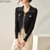 2023 Autumn Black Slim Double Zipper Knitted Cardigan Sweater Coat Women Korean Fashion Pull Femme Knitwear Crop Top Y2k Jumper - Image 3