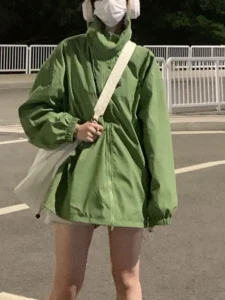 Autumn 2022 Waterproof Jacket with Hooded Women Pure Color Zipper Loose Windbreaker Korean Fashion Y2k Clothing Trench Coat Chic - Image 3