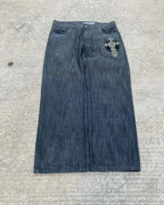 Gothic geometric cross design high-waisted jeans for mens 2000s American vintage dark rock and roll popular straight baggy pants - Image 3