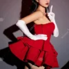 Miccostumes Women Cosplay Costume Red Strapless Tube Dress with Headband with Thigh-High Stockings and Gloves - Image 3