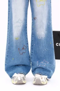 Women Blue Vintage Cartoon Embroidery Cowboy Pants 2024New models Harajuku Streetwear Sagging sensation niche High waisted jeans - Image 4