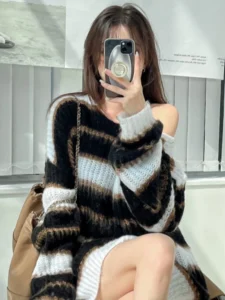 Deeptown Vintage Striped Oversized Sweater Women Harajuku Knitted Casual Jumper Korean Fashion Loose Knitwear Pullover Y2K Tops - Image 3