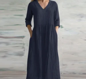 Cotton Linen Loose Long Dresses For Women 2024 Spring Autumn New Casual Half Sleeves V-neck Maxi Dress Simple Style Lady Vestido - Image 6