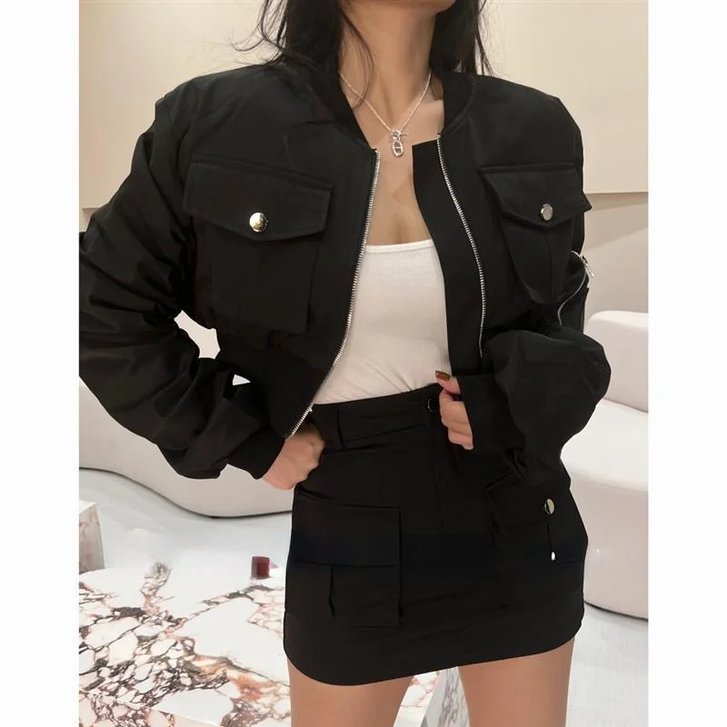 Deeptown Vintage Cropped Jacket Women Y2k Streetwear Black Oversized Long Sleeve Short Jackets Korean Fashion Zip Up Harajuku - Image 2