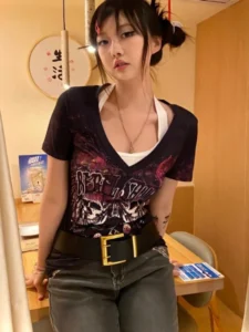 2024 Punk Summer Vintage Y2k Aesthetic Women T-shirt Slim Letter Print Harajuku V Neck Tee Shirts Femme Korean Grunge Sexy Top - Image 5