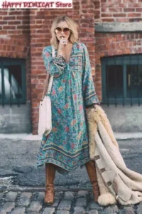 Women Dress Vintage 70S Hippie Deep V Neck Ethnic India Floral Bib Boho Festival Midi Dress - Image 3