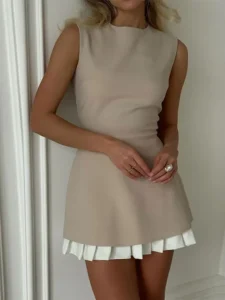 Women Elegant Mini Pleated Dress Suit Fashion O-neck Sleeveless Slim Patchwork Dresses Summer Lady New Chic High Street Robes - Image 5