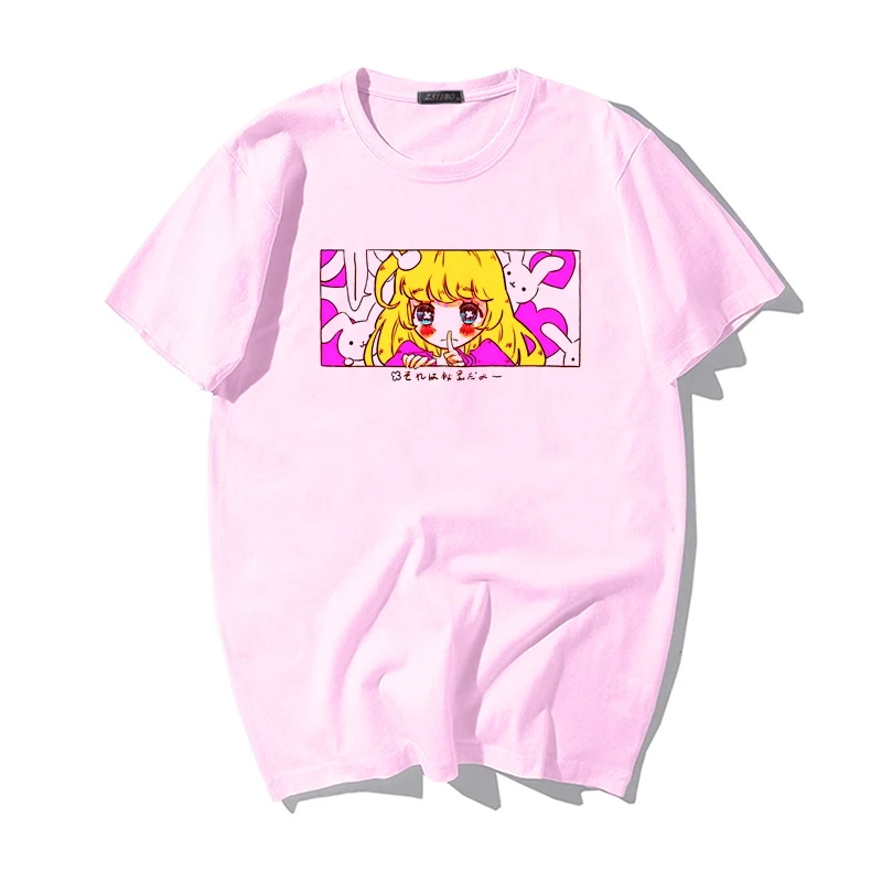 Kawaii Sweet Girl Print Casual Vintage Loose Tops Fashion Cute Cartoon Japanese Gothic Aesthetic Harajuku Pink Tee T-shirt Women