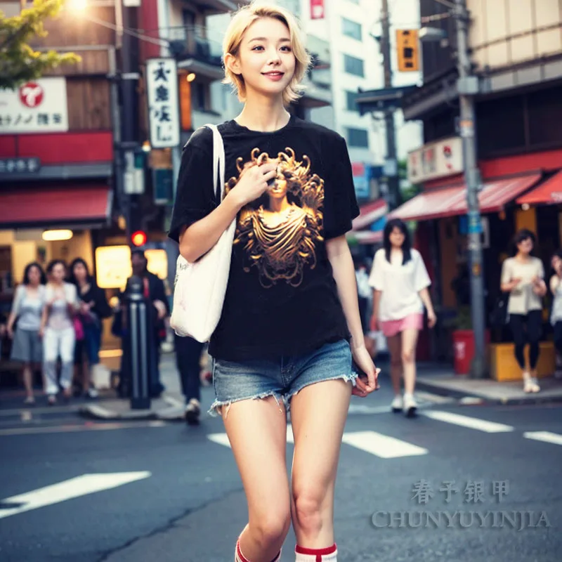 Chun yu yin jia Designer luxury brand High Quality 3D Portrait Pattern Print graphic Short Sleeved Black t-Shirt Women tee