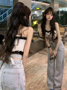 KOSAHIKI Korean Fashion Cute Y2K Tank Top Female Lace Design Kawaii Clothes Sleeveless O Neck Slim Basic Casual Crop Vest Tees - Image 2