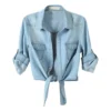 New Autumn Denim Shirts For Women 3/4 Sleeve Womens Tops Chemise Crop Tops Women Lace Up Jeans Shirts And Blouses Ladies Tops - Image 2