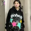 New Hip Hop Spider Web Star Graphic Thickened Hooded Sweater Y 2k Gothic Hippie Black Clothes Tops Female Aesthetic Pink Hoodie