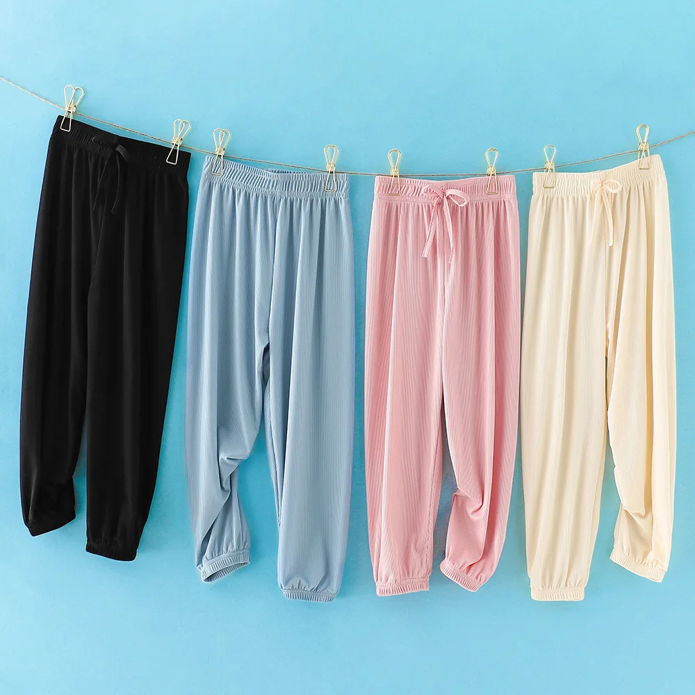 Children's Ice Silk Wide-Leg Pants 2023 Spring and Summer Girls and Boys Draw-Out Lace Breathable Drape Loose Casual Trousers