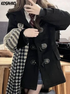 KOSAHIKI JK Girl Students Korean Fashion Jackets Women Horn Buckle Wool Blends Coats 2024 Autumn New Hoody Mid Long Jacket Y2k - Image 2