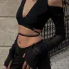 Sexy Black Crop Tops Streetwear Women Fashion 2024 Lace Up Bandage V Neck Cut Out Long Sleeve T Shirts
