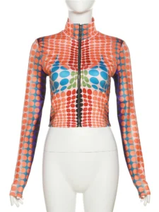 Weird Puss Y2K Dot Print Zipper Crop Tops Women Long Sleeve Skinny Elastic Wild Streetwear Casual 2023 Stylish Spring Sexy Tees - Image 6