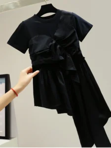 XFPV Women Irregular Stitching Ruffles Top Y2k T-shirt New Round Neck Short Sleeve Sweet Korean Chic Tide Summer 2023 SM2781 - Image 2