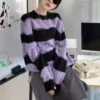 Korean Style Y2K Striped Purple Sweater Women Kpop Hippie Hollow Out Oversize Blue Knitted Top Harajuku Vintage Jumper - Image 2