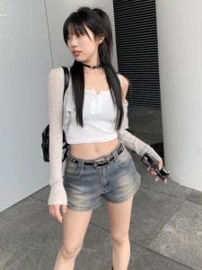 HOUZHOU Vintage Mini Denim Shorts Y2k Women High Waist Short Jeans Korean Streetwear Female Gyaru Fashion Skinny Summer Retro - Image 6