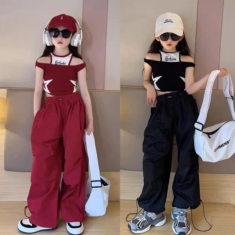Summer Girls Vest Baby Tops Kids Pullover Teenage Vest Children Streetwear Clothes Fashion Off Shoulder Hollow Geometric 4-13Y