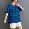 Cotton Stripe T-shirts Women Casual Loose Short Sleeve Slim Tops Summer Trend Thin Oversized T Shirt Korean Style Tshirt Y2k Top - Image 5