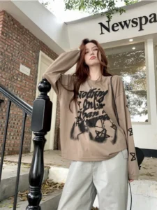 HOUZHOU Vintage Graphic T-shirts Women Y2k Streetwear Korean Style Hippie Grunge Oversized Cotton T-shirts White Long Sleeve Top - Image 3