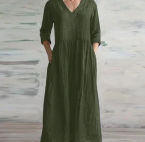 Cotton Linen Loose Long Dresses For Women 2024 Spring Autumn New Casual Half Sleeves V-neck Maxi Dress Simple Style Lady Vestido - Image 5