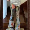 American Retro Hiphop Flower Print Trousers Summer High Waist Slim Fit Flare Pants Women Y2k E-Girl Fashion Wide Leg