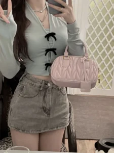 Fake Two Pieces Set Sweet Bow Patchwork T-shirt Korean Fashion Long Sleeve Y2k Aesthetic Top Women Off Shoulder Sexy Halter Tees - Image 4