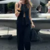 Fashion Single Breasted Vest Pants Set Women O-neck Sleeveless Button Split Waistcoat Loose Trousers 2024 Summer New Lady Outfit