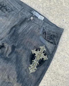 Gothic geometric cross design high-waisted jeans for mens 2000s American vintage dark rock and roll popular straight baggy pants - Image 4