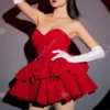 Miccostumes Women Cosplay Costume Red Strapless Tube Dress with Headband with Thigh-High Stockings and Gloves - Image 2