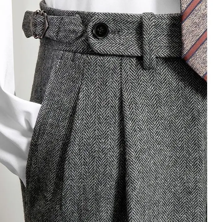 2024 Men's Autumn Winter New High Waist Woolen Trousers Male Tweed Business Casual Pants Men Long Formal Straight Pants