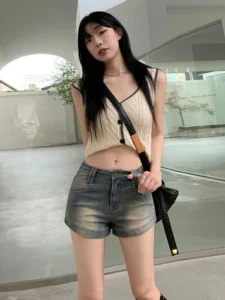 HOUZHOU Vintage Mini Denim Shorts Y2k Women High Waist Short Jeans Korean Streetwear Female Gyaru Fashion Skinny Summer Retro - Image 4