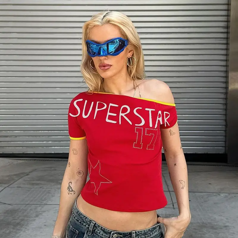 Retro Hottie Sexy Slanted Shoulder Casual Short Top Fashionable Street Short Sleeve Tops Y2k Letter Printed Short Sleeve Top