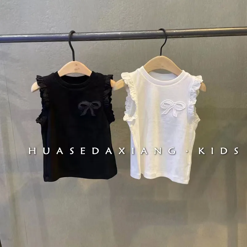 Summer 2024 Children Girls Tees Cotton Sleeveless Simple Thin Toddler Baby Girls Tops Knotbow Solid Versatile Kids Girls T-shirt