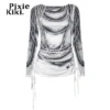 PixieKiki 3D Beaded Chain Printed T Shirt Korean Fashion 2000s Y2k Drawstring Long Sleeve Tops Graphic Tees White Black P85-CZ17 - Image 6