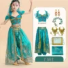 Girls Jasmine Princess India Belly Dance Top Pants Set Kids Arabian Sari Stage Costume Fancy Bollywood Children Rave Outfit - Image 2