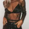 Women See Through T-shirt Rhinestone Mesh Long Sleeve Tops Smock Party Club Beach Sexy Shirts Female