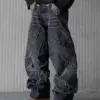 Baggy Jeans for Men Y2k Hip Hop Distressed Retro Black Pants Oversized Embroidery Harajuku Gothic Wide Leg Trousers Streetwear