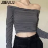 JOEVILU Skinny Top Off Shoulder Sexy T-shirt Spring and Autumn Babes Versatile Bottoming Shirt Women Korean Style Y2k Crop Tops - Image 4