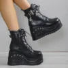 Large 43 Women Platform Heeled Booties Round Toe Zip Punk Casual Cosplay Bat Motorcycle Boots for Women Gothic Metal Chain Shoes - Image 2