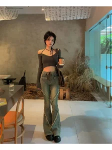 Long Sleeve Sweaters Off Shoulder Y2k Aesthetic Fairy Grunge Grey Cropped Sling Tops Korean Style Kittted Hotsweet Clothing - Image 3