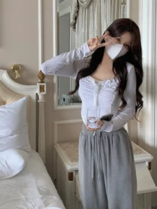 2023 Spring Basic Lace Y2k Crop Tops Woman Slim Pure Color Korean T-shirt Office Lady Casual Fashion Clothing Female Design - Image 4