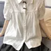 Kawaii White Lolita Lace Blouse Women Gothic Preppy Style Vintage Peter Pan Collar Short Sleeve Shirt Girl Summer Cute Top Mujer