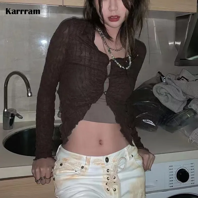 Karrram Gothic Irregular Crop Tops Fairycore Grunge Shirt See Through Dark Aesthetic Blouse Korean Fashion Designer Clothes Emo